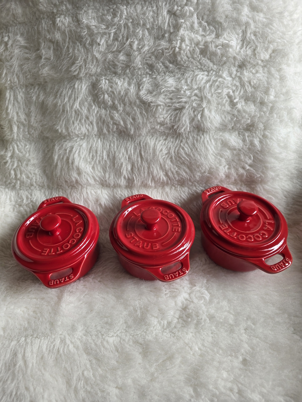 Staub Red Mini Cocotte Trio with Lidded Design